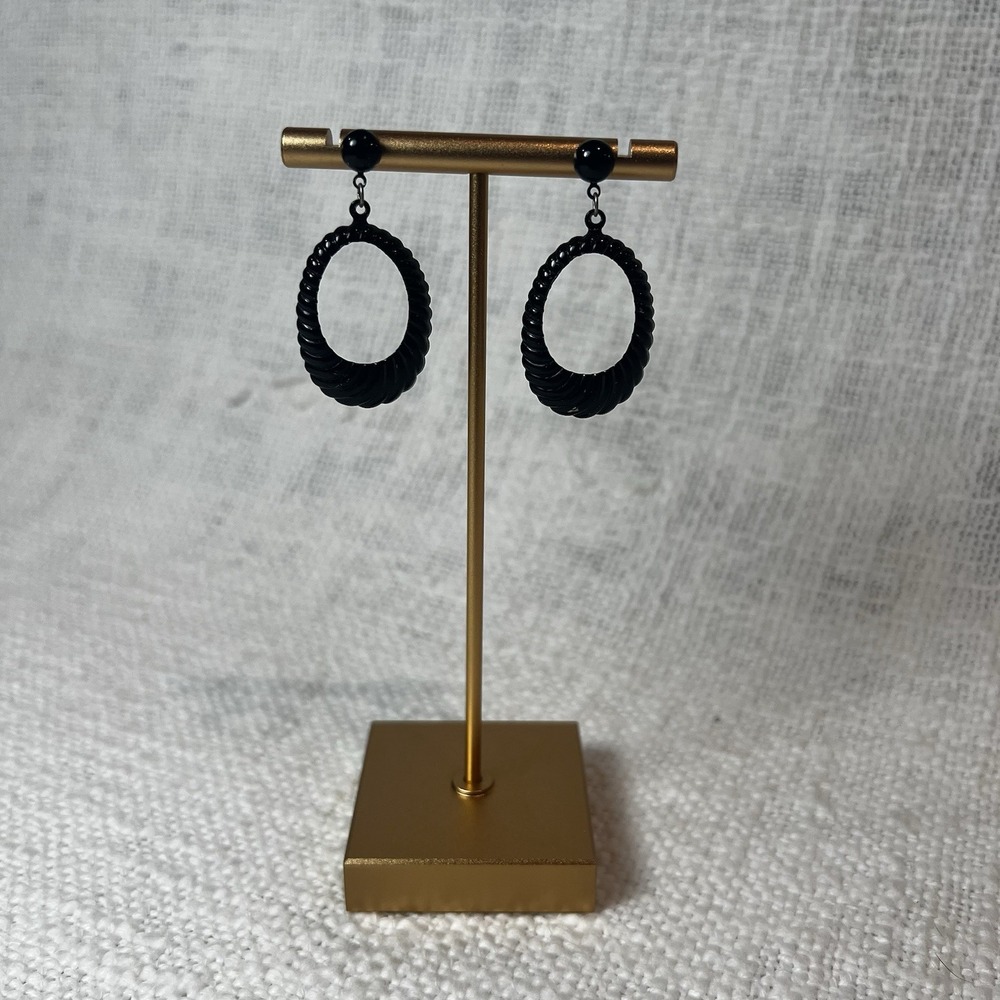 Vintage Black Textured Oval Hoop Drop Metal Earrings Post Goth Grunge Streetwear